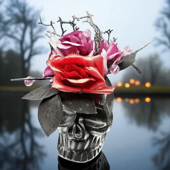Darksome Gothic Skull Arrangement Floral Red Pink Rose Flower Gems Arrangement - Picture 1 of 8